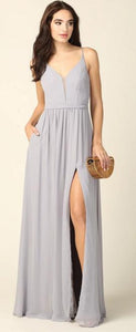 BM1005 silver grey. Spaghetti straps and split. Available to order. $299.00