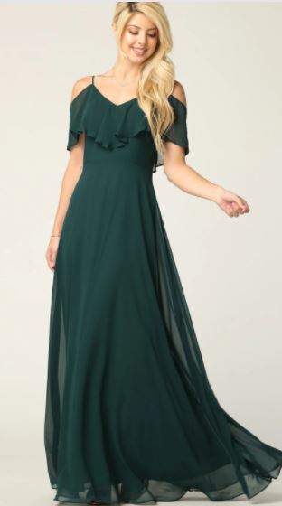 BM1010 Emerald green. Chiffon off shoulder. Available to order. $299.00.