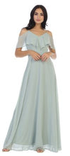 BM1010 Sage green. Chiffon off shoulder. Available to order. $299.00.