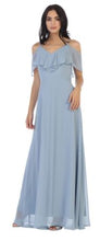 BM1010 Dusty blue. Chiffon off shoulder. Available to order. $299.00