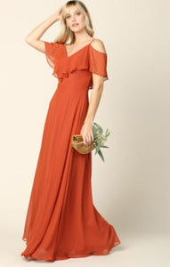 BM1010 Rust. Chiffon off shoulder. Available to order. $299.00.
