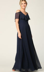 BM1010 Navy. Chiffon off shoulder. Available to order. $299.00.