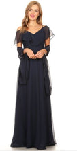 BM1010 Navy. Chiffon off shoulder. Available to order. $299.00.