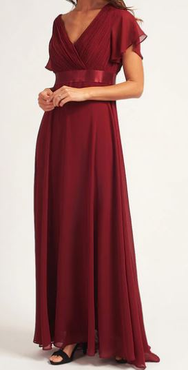 BM102 Burgundy. Maxi length gown with short sleeves. Available to order $179.00.