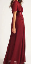 BM102 Burgundy. Maxi length gown with short sleeves. Available to order $179.00.