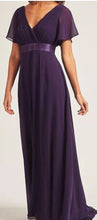 BM102 Dark purple. Maxi length gown with short sleeves. Available to order. $179.00.