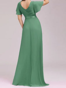 BM102 Green. Maxi length gown with short sleeves. Available to order. $179.00