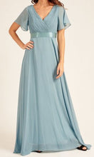 BM102 Dusty Blue. Maxi length gown with short sleeves. Available to order. $179.00