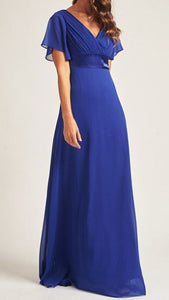 BM102 Royal Blue. Maxi length gown with short sleeves. Available to order. $179.00.
