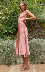 BM1050 Desert rose . Slim fit satin midi dress. Available to order. $169.