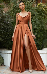 BM1060 Rust. A-line, satin maxi dress. Available to order. $399.