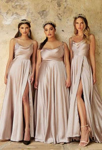 BM1060 Sand. A-line, satin maxi dress. Available to order. $399