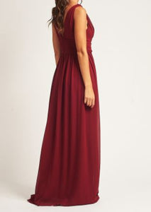 BM2000 burgundy. Maxi length v neck gown. Available to order. $159.00.