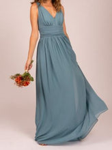 BM2000 Dusty blue. Maxi length v neck chiffon gown. Available to order. $159.00.