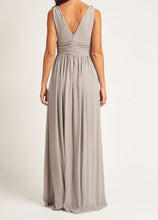 BM2000 Grey. Maxi length v neck chiffon gown. Available to order. $159.00.