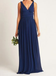 BM2000 Navy. Maxi length v neck chiffon gown. Available to order. $159.00.