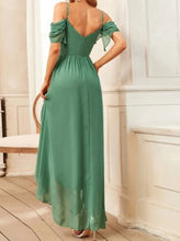 BM2030 Green. High low, off shoulder chiffon. Available to order. $119.00.