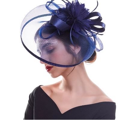 FAC600 Classic, navy fascinator with central flower, feathers and net.
