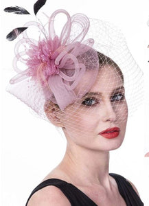 FAC100 Classic, blush fascinator with central flower, feathers and net.