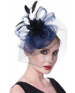 FAC100N Classic, navy fascinator with central flower, feathers and net.