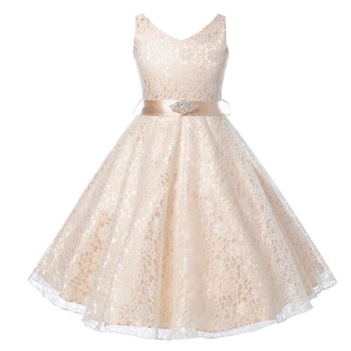 G20207C Champagne lace v neck flower girl, party dress. Age 6 to age 12.