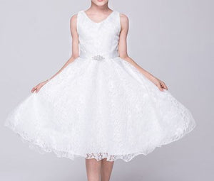 G20207 white lace v neck flower girl, communion, party dress. Age 3-10