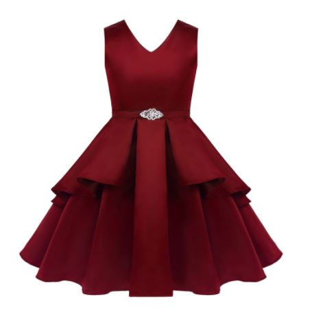 G20234B Burgundy V neck, 2 layer skirt junior bridesmaid, party dress. Age 6.