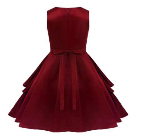 G20234B Burgundy V neck, 2 layer skirt junior bridesmaid, party dress. Age 6.