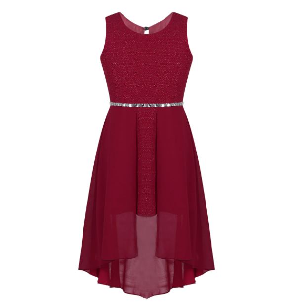 G20236B Burgundy, chiffon, high low flower girl, party dress age 10