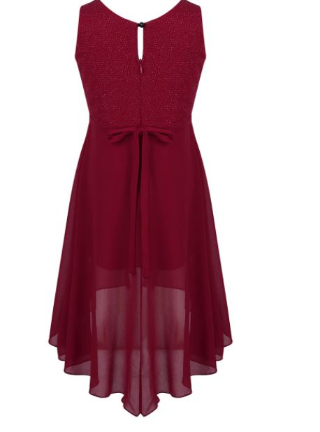 G20236B Burgundy, chiffon, high low flower girl, party dress age 10