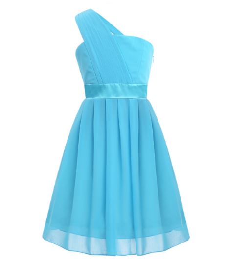 G20237B Sky blue, chiffon, one shoulder. Age 10