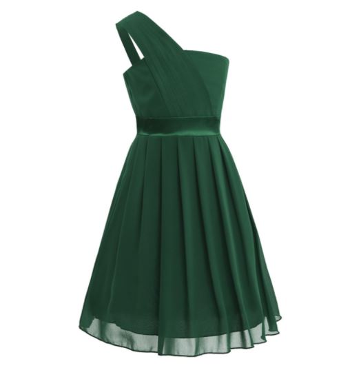 G20237G Dark green, chiffon, one shoulder. Age 6.