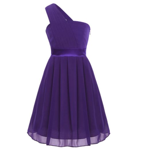 G20237P Purple, chiffon,one shoulder. Age 8