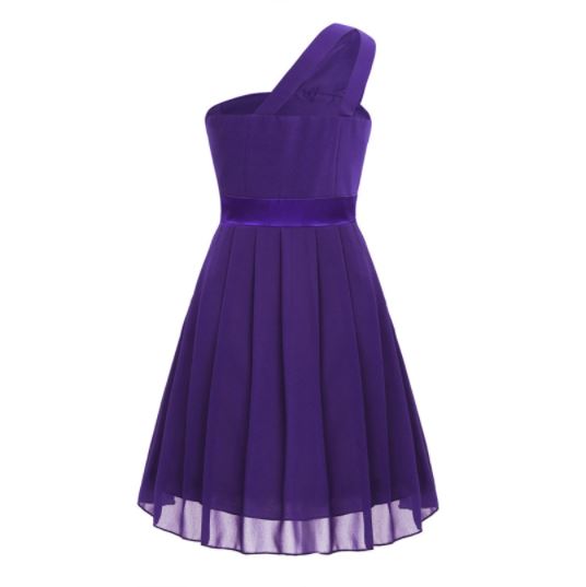 G20237P Purple, chiffon,one shoulder. Age 8