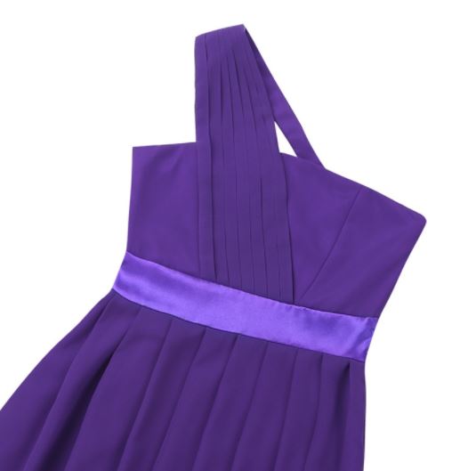 G20237P Purple, chiffon,one shoulder. Age 8