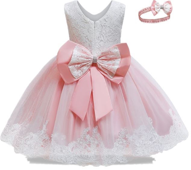 G20260 white and pink flower girl/party dress with matching headband. Age 1