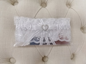 BBG7 White Lace bridal garter with silver heart detail