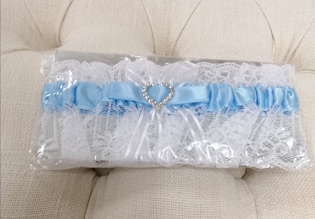 BBG4 Blue and white lace bridal garter with heart detail.