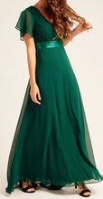 BM102 Emerald green. Maxi length gown with short sleeves. Available to order. $179.00.